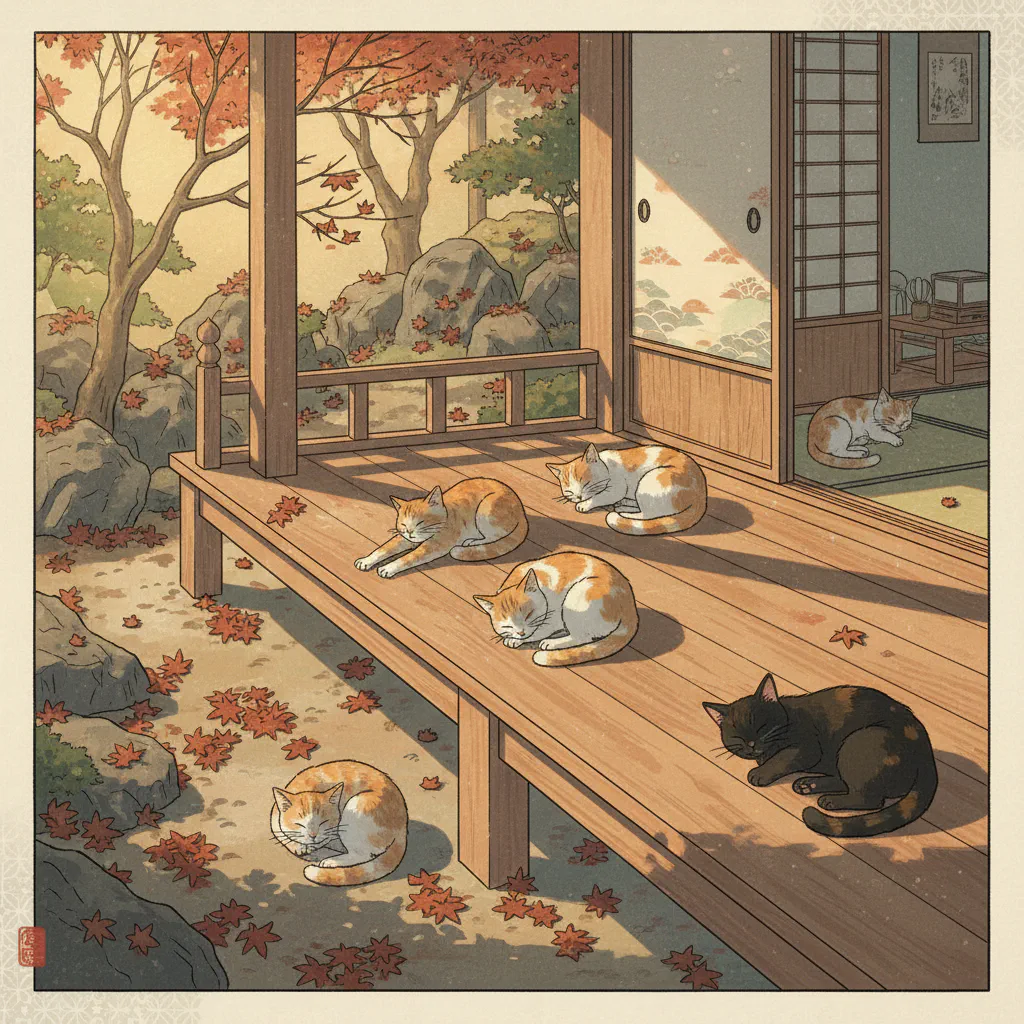 晩秋の縁側に差し込む柔らかな日差しと、陽だまりでくつろぐ猫たちの様子