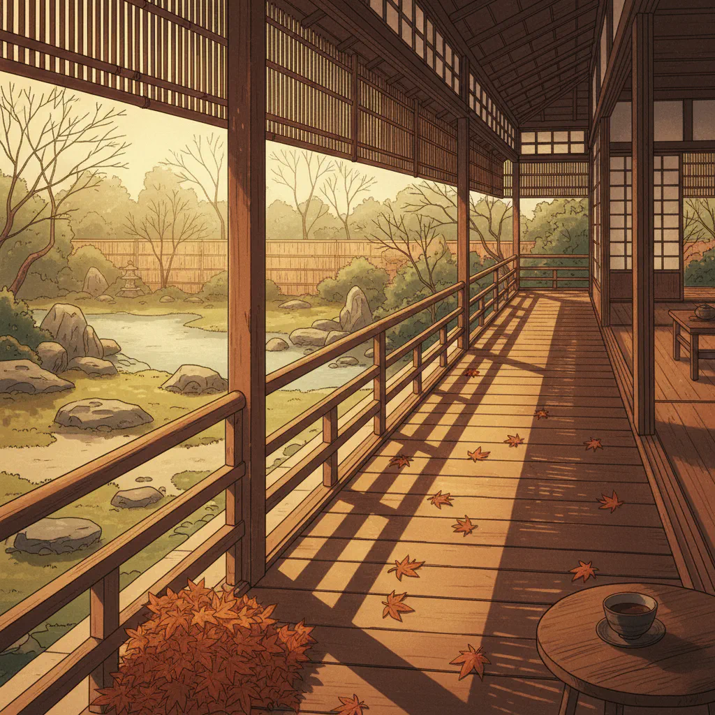 柔らかな晩秋の陽差しが差し込む屋敷の縁側と落ち葉の情景