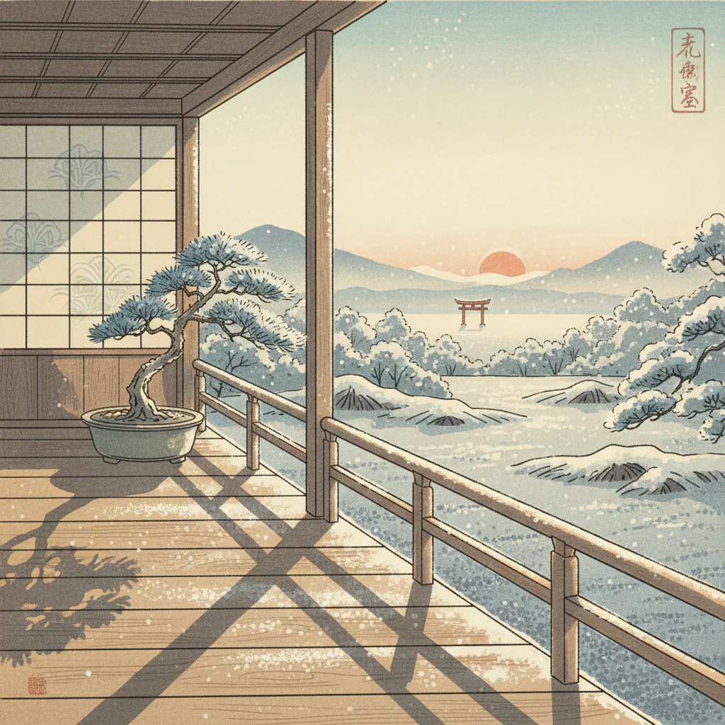 霜がうっすらと降りた屋敷の縁側、朝の柔らかな光が差し込む様子