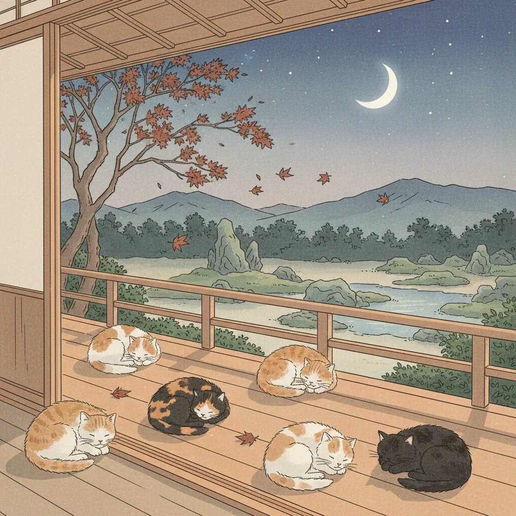 晩秋の縁側に陽だまりで丸くなった猫たちと、上弦の月が見える静かな風景。