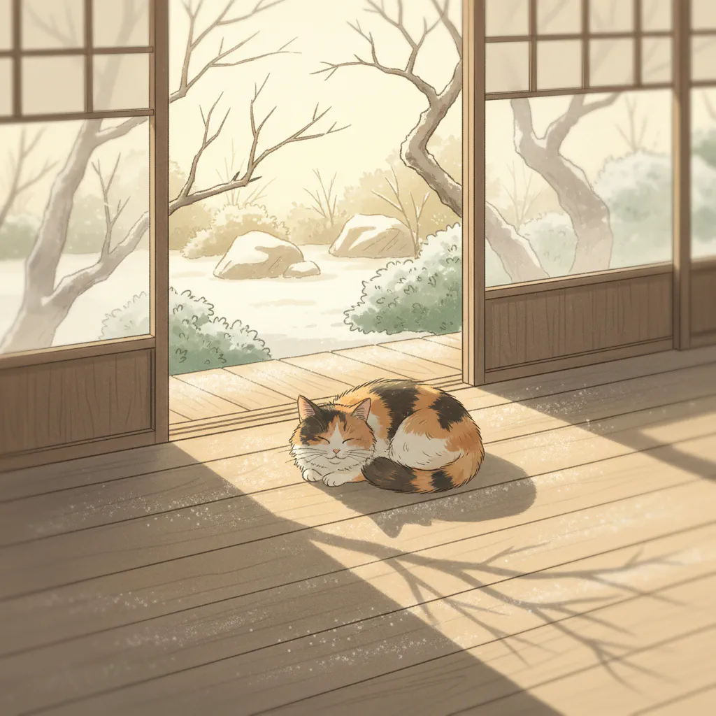 冬の朝、縁側に薄氷が張り日向で猫が静かに佇む情景