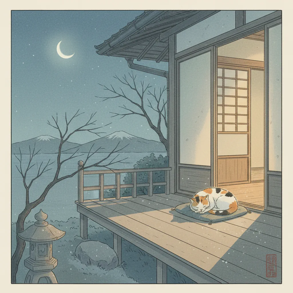 冬の縁側で眠る三毛猫と冬の風景、下弦の月が夜空を照らす様子