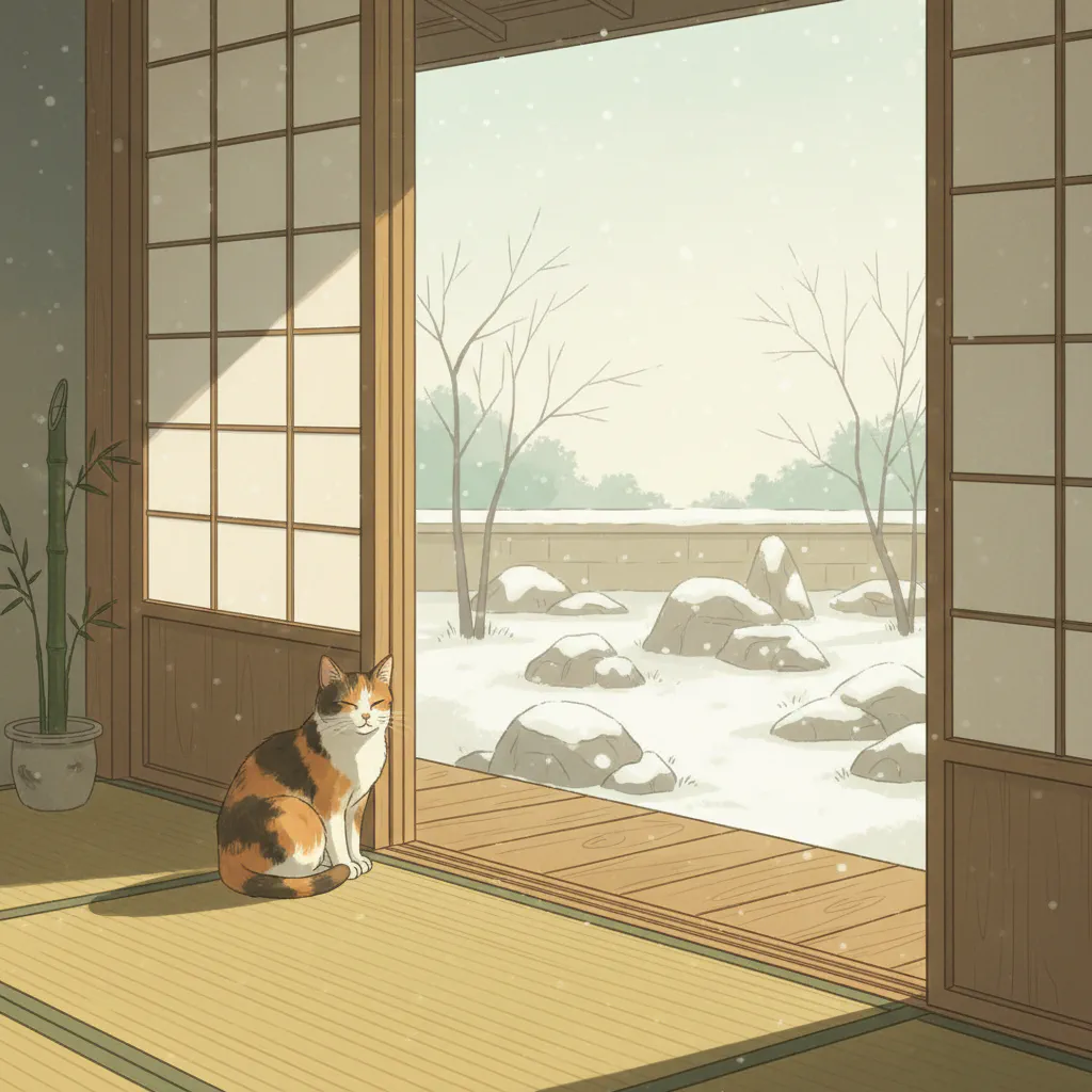 縁側の冬の光と猫の影が静かに揺れる情景