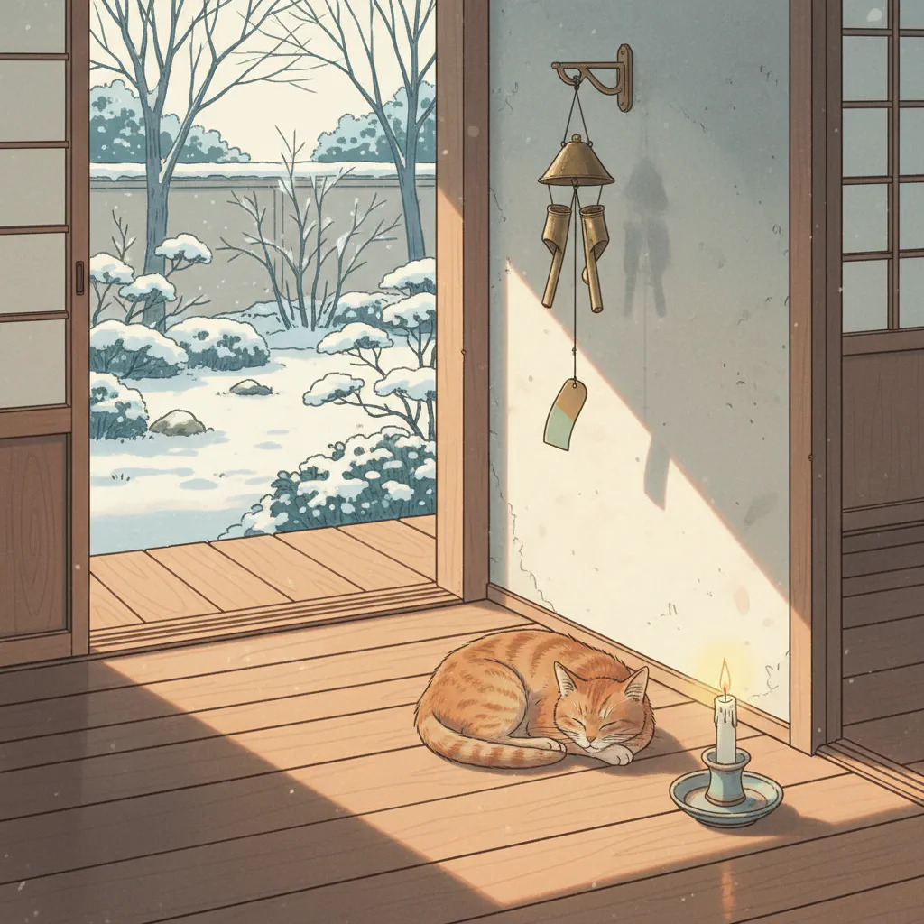 冬の日の縁側。日向で猫がくつろぎ、窓から淡い光が差す