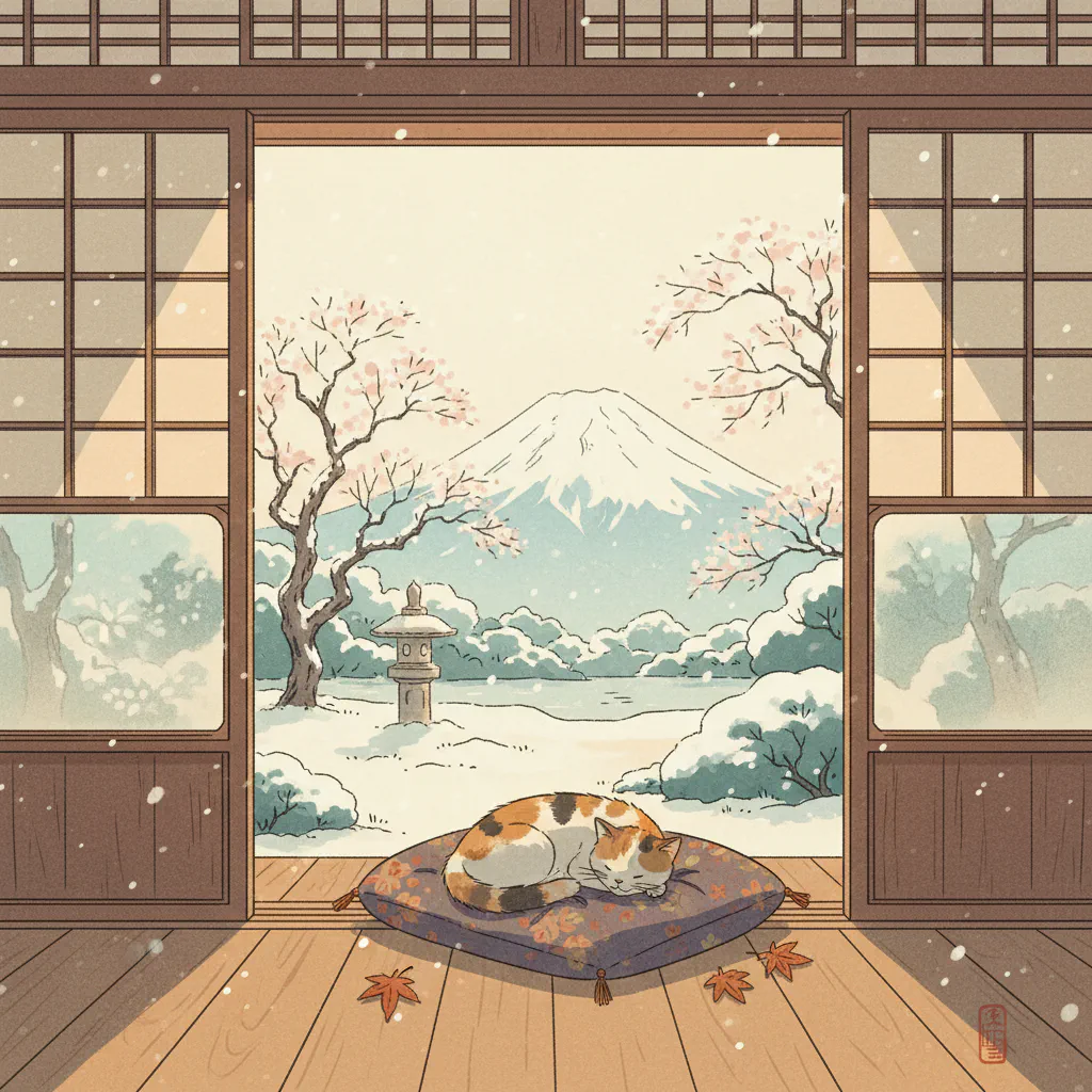 縁側の冬の光と猫、静かな朝の情景