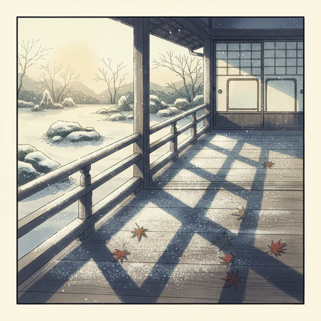 小寒の光の中、縁側に氷が輝く静かな情景。