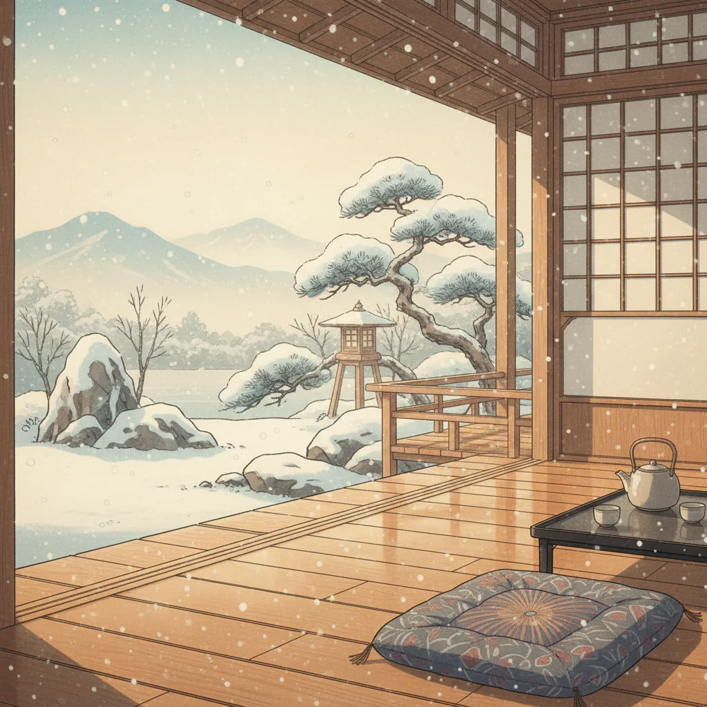 冬の縁側、穏やかな日差しが差し込む静かな風景