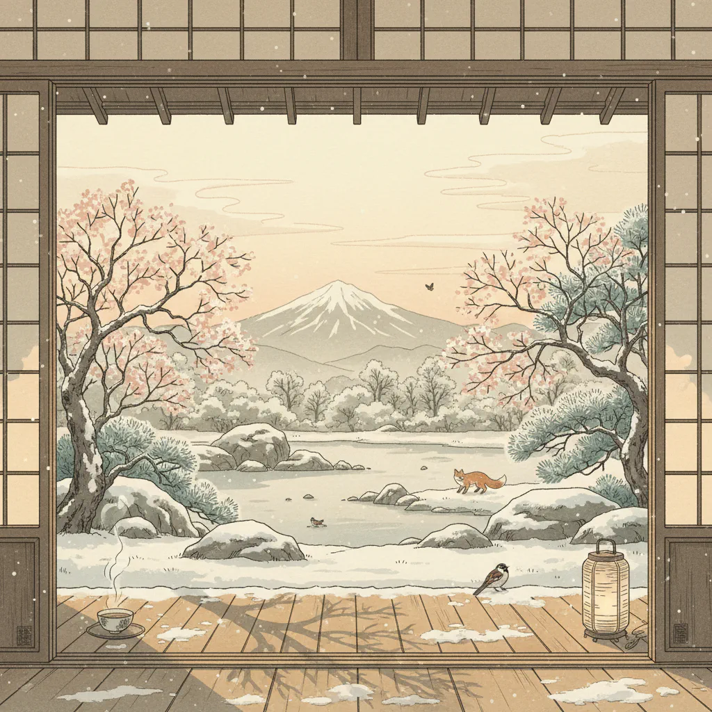 冬の縁側、静かな空気が漂う情景。