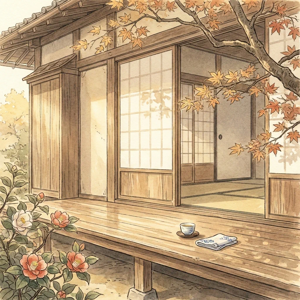 ふかふか屋敷の静かな縁側と自然の風景