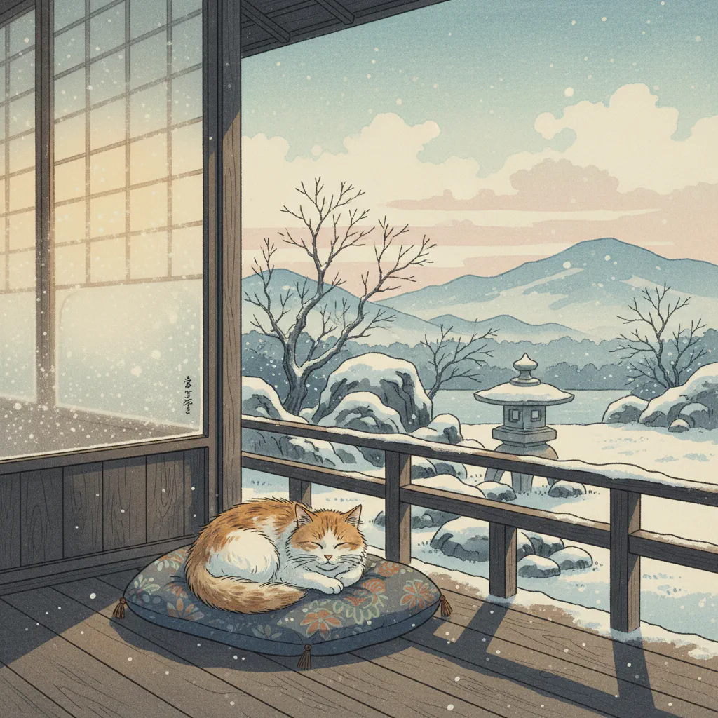 冬の縁側でくつろぐ猫と静かな情景