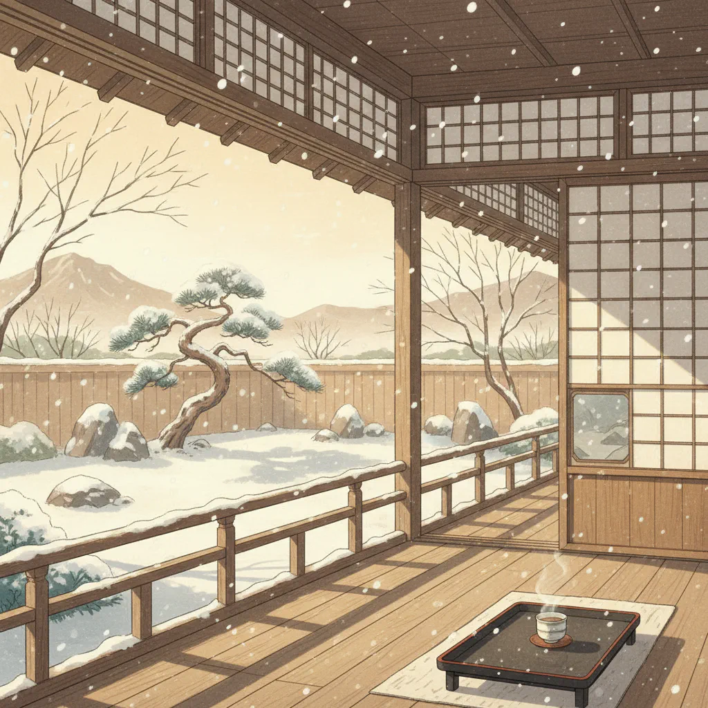 冬の日差しが優しく差し込む縁側の静かな情景。