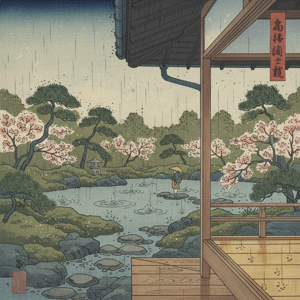 雨水の季節に包まれた静かな庭の情景