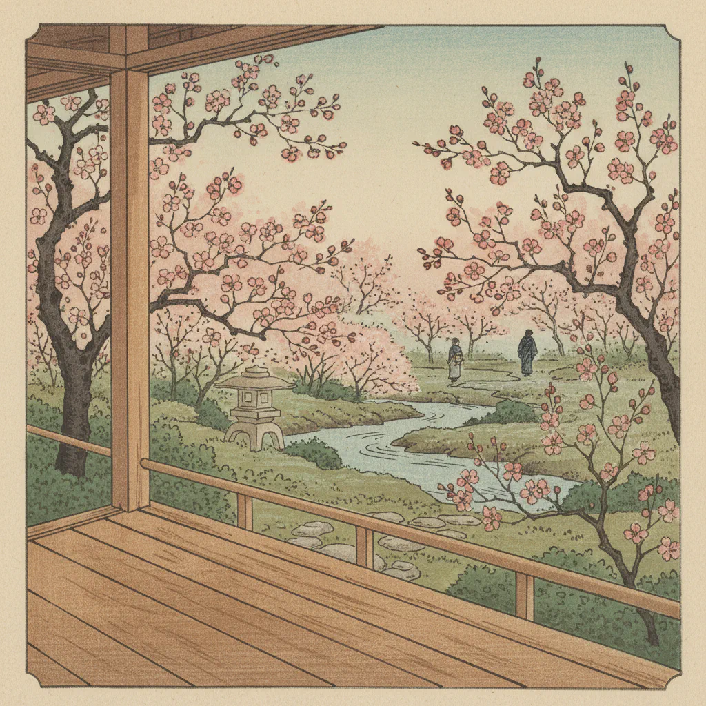 春の訪れを感じる縁側。陽の光が柔らかく差し込み、木々の芽吹きが見える。