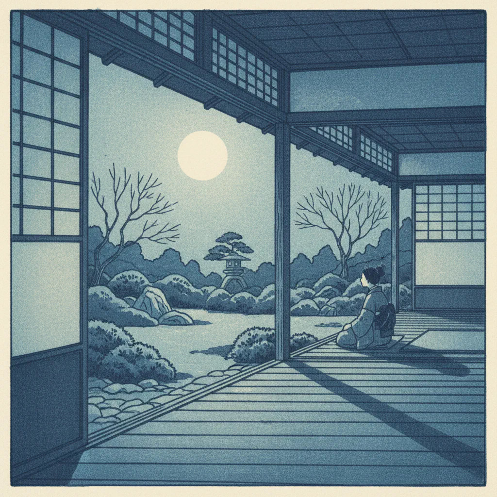 縁側に映る穏やかな月明かり、静寂に包まれた景色。