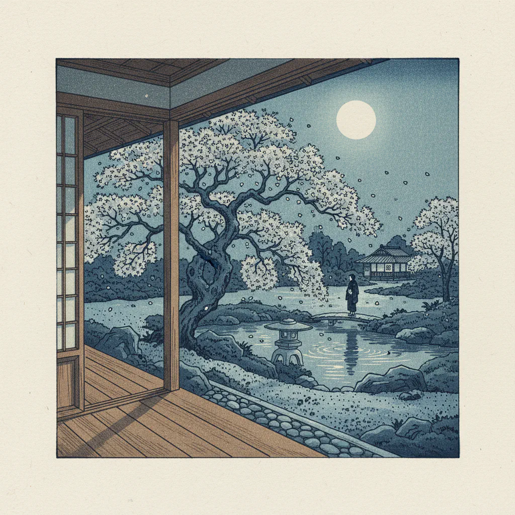 月明かりに包まれた縁側と日本庭園の静かな情景。