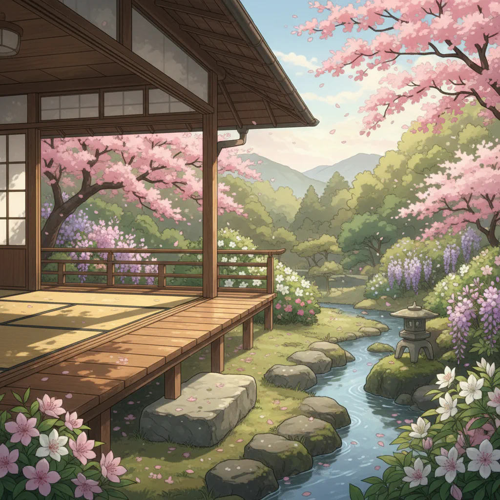 縁側に春の花が咲き、穏やかな日差しが差し込んでいます。