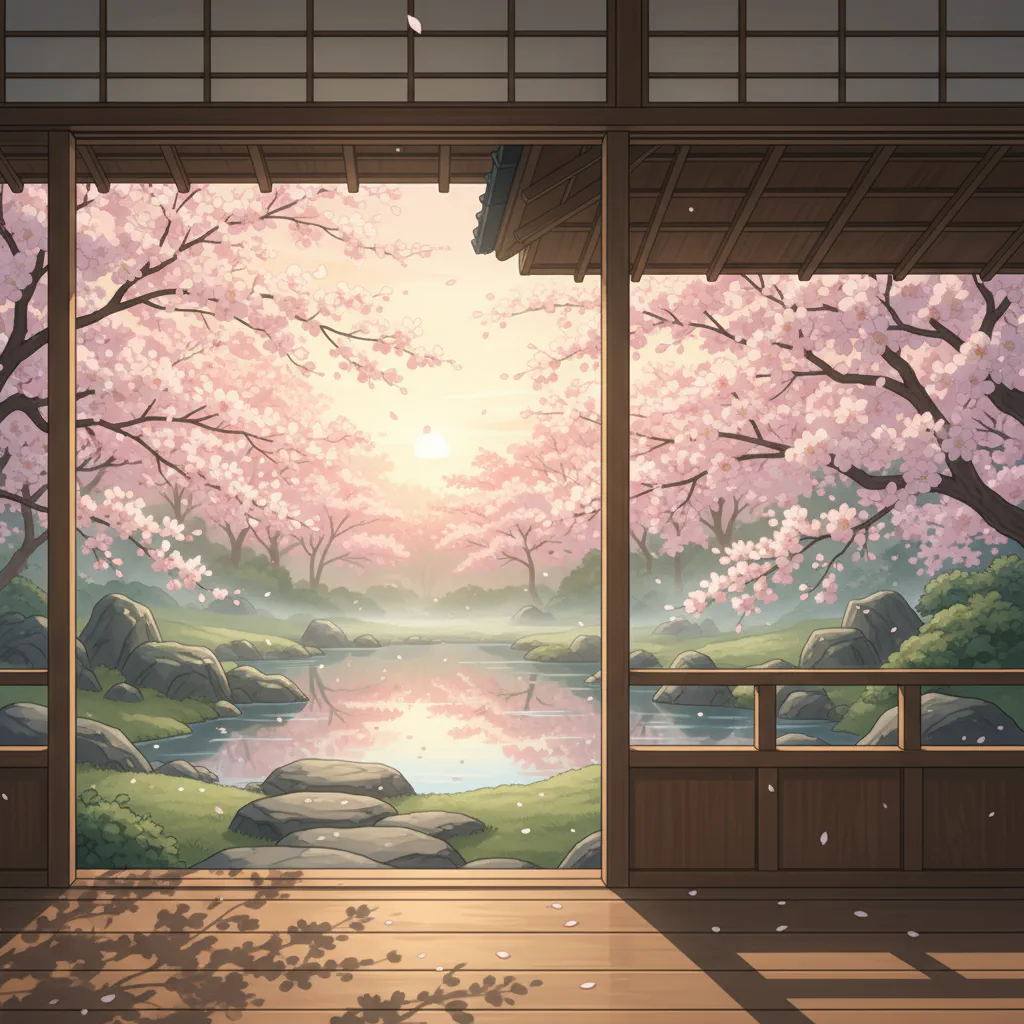 縁側に差し込む朝日と桜の優しい色合いを感じる情景。