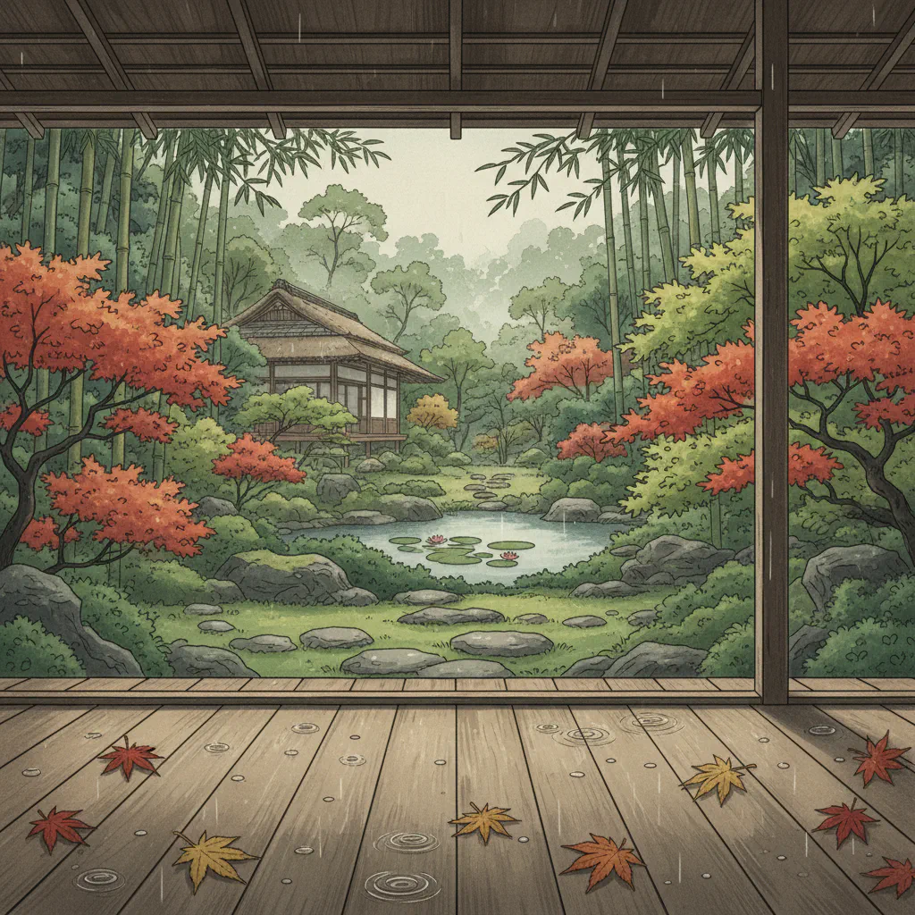 縁側から見る、緑に囲まれた静かな風景。