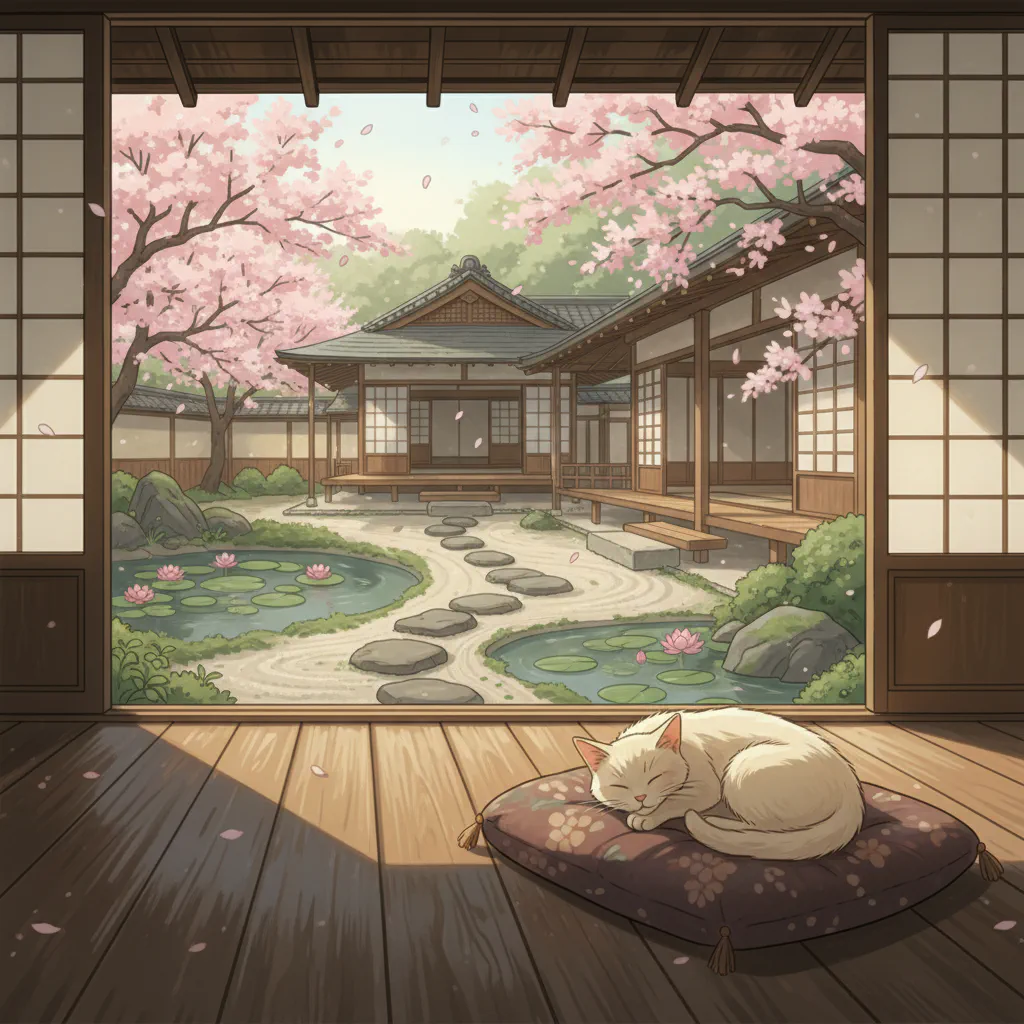 穏やかな縁側に坐す猫と優しい光景