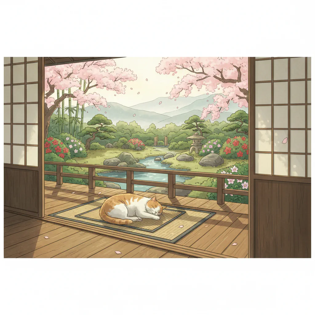 柔らかな光が差し込む縁側でくつろぐ猫の姿。