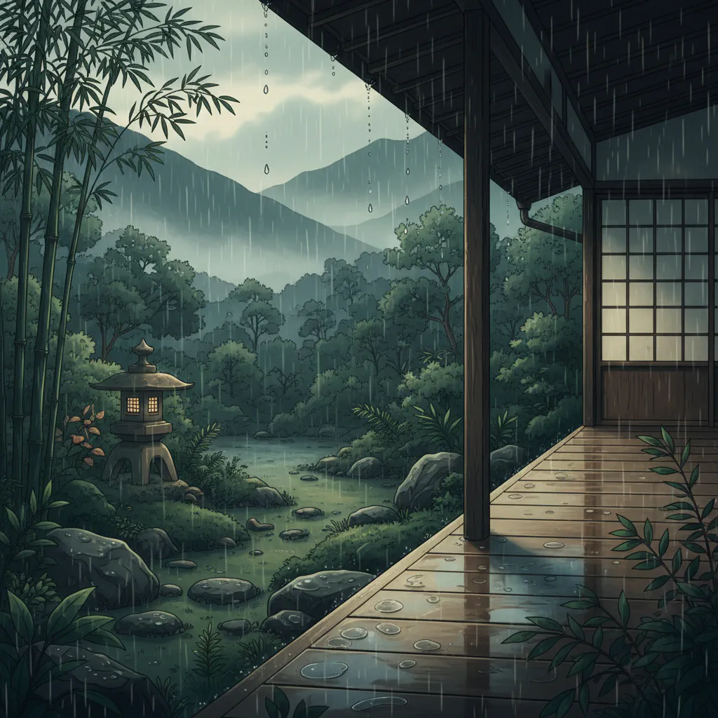 梅雨の陽射しを受ける屋敷の縁側。緑が生い茂り、小鳥の囀りが響く。