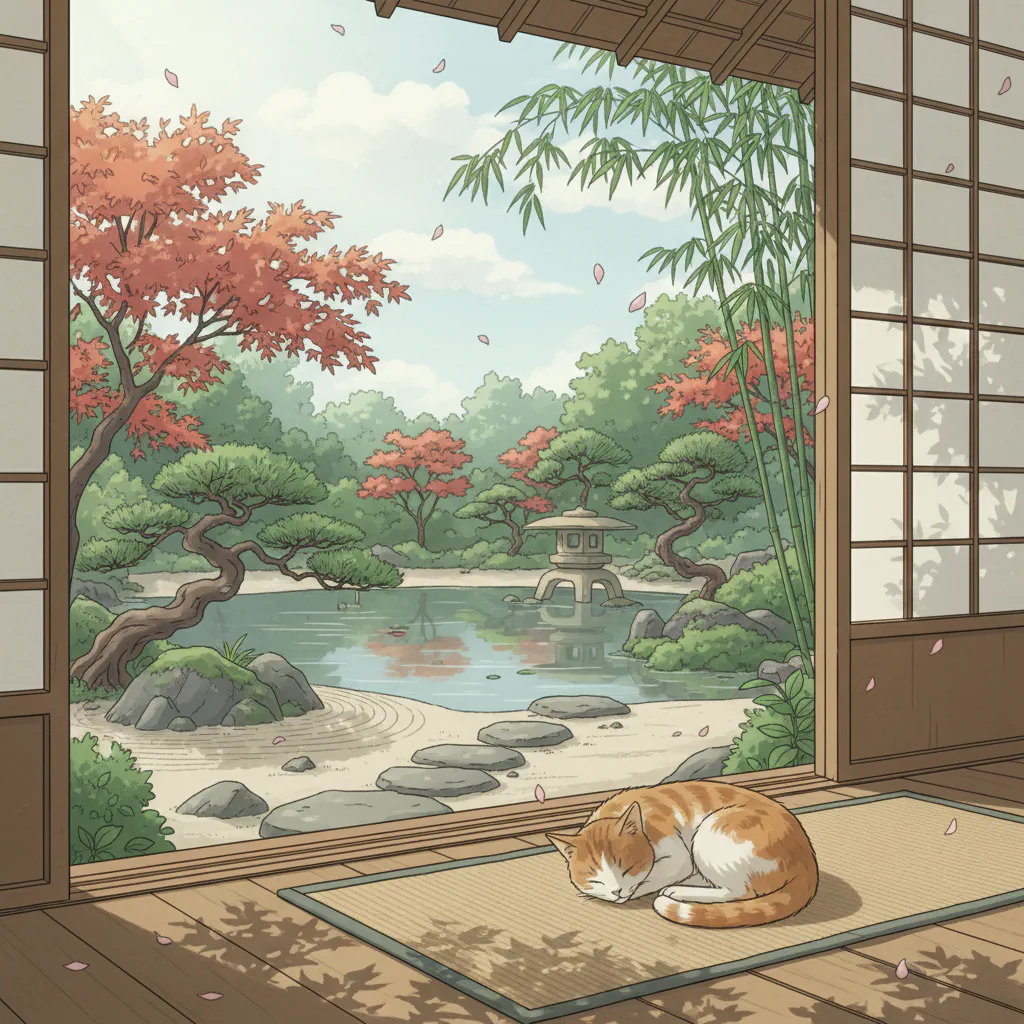 明るい光に包まれた縁側と、その上でくつろぐ猫の姿