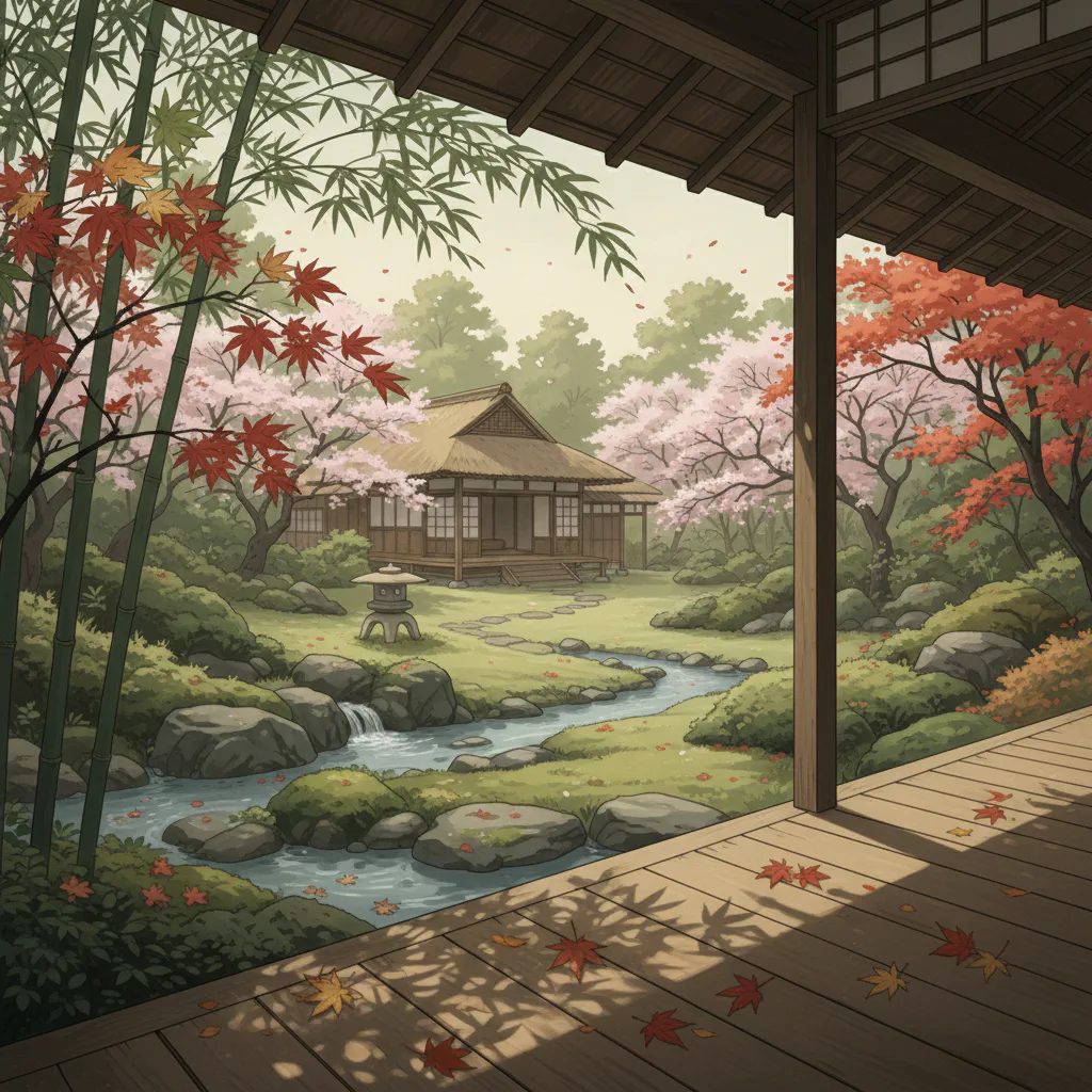 静かな縁側に差し込む柔らかな光が、梅雨の始まりを感じさせる情景。