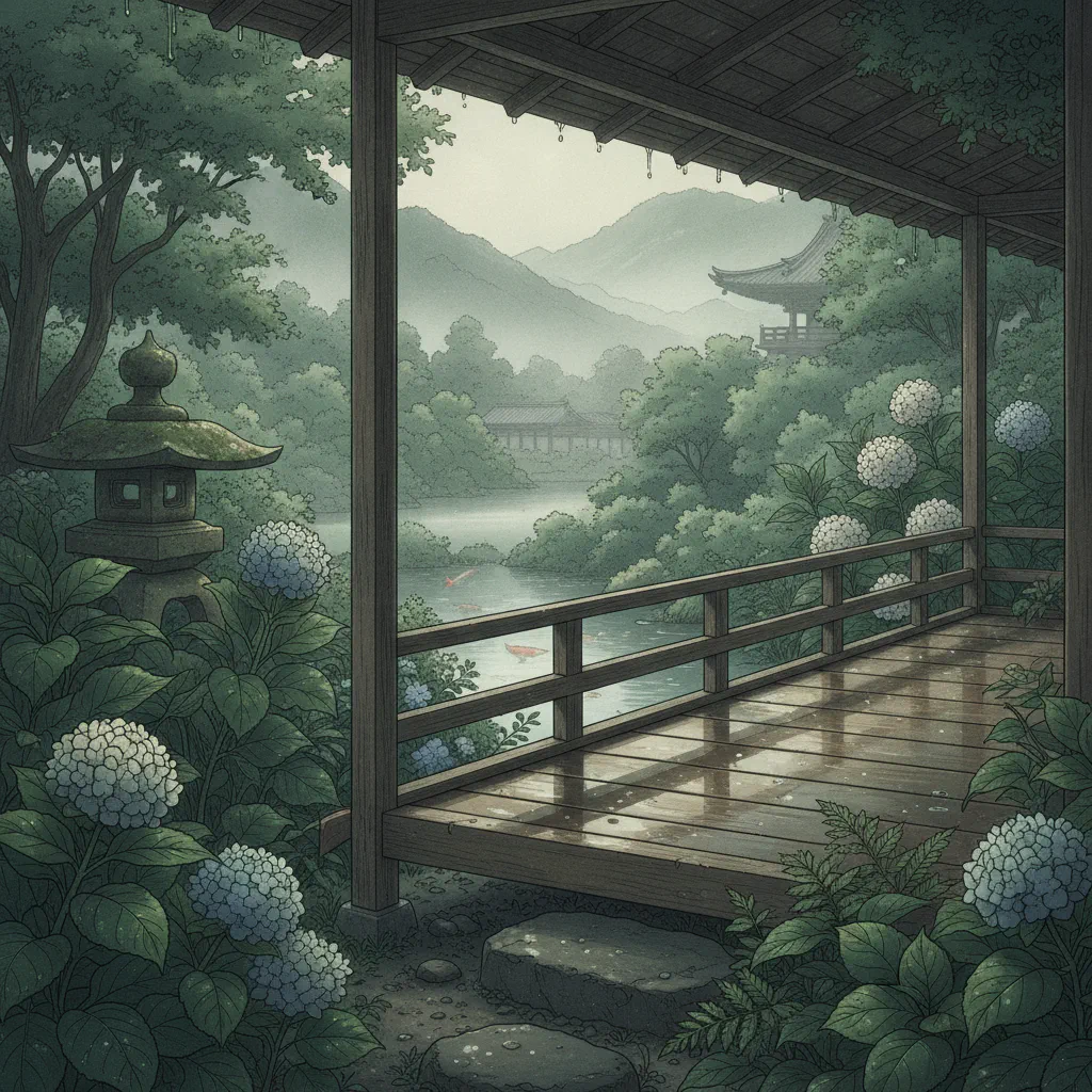 日本の伝統的な縁側に優しい光が差し込む静かな朝の情景。