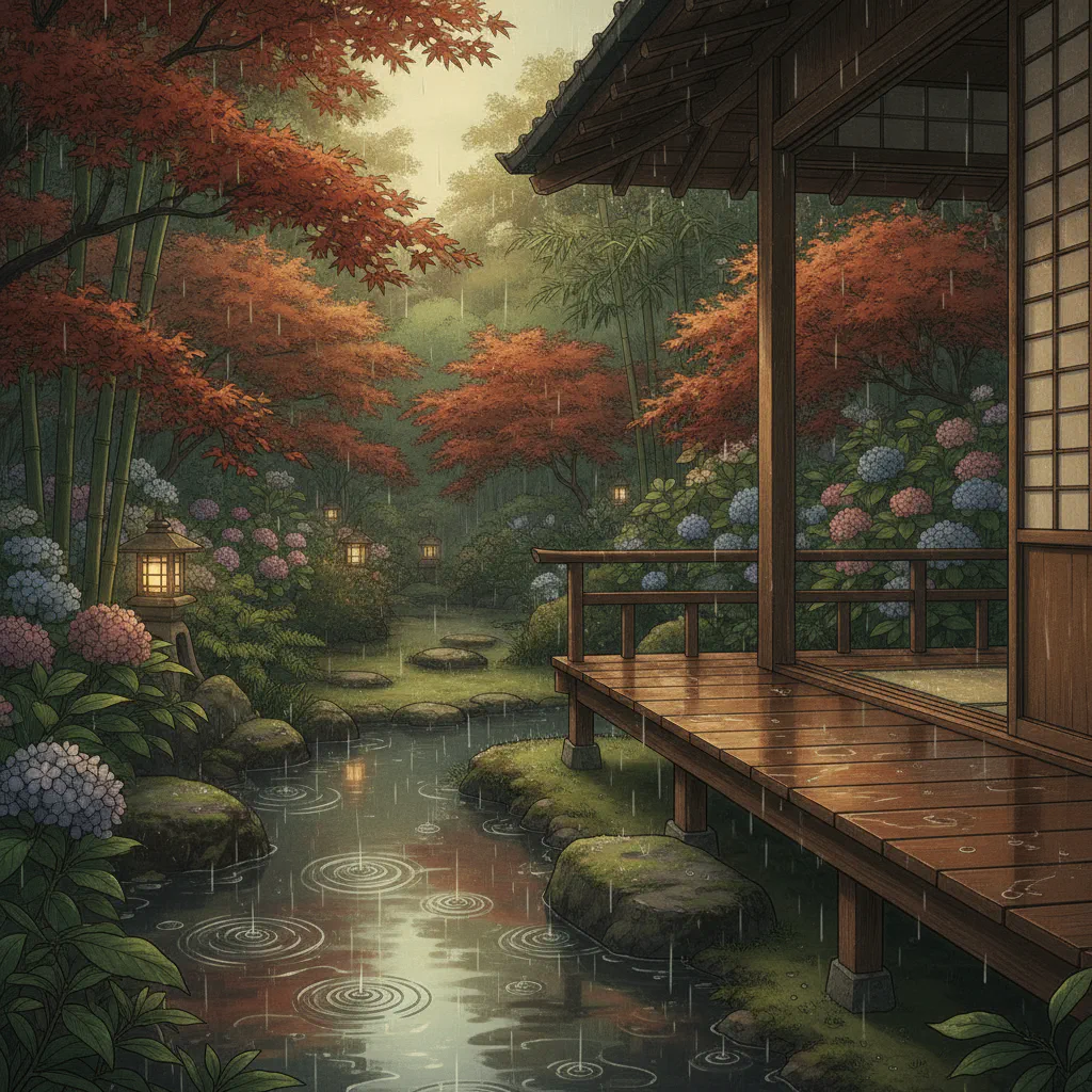 梅雨の気配を感じる静かな縁側の風景