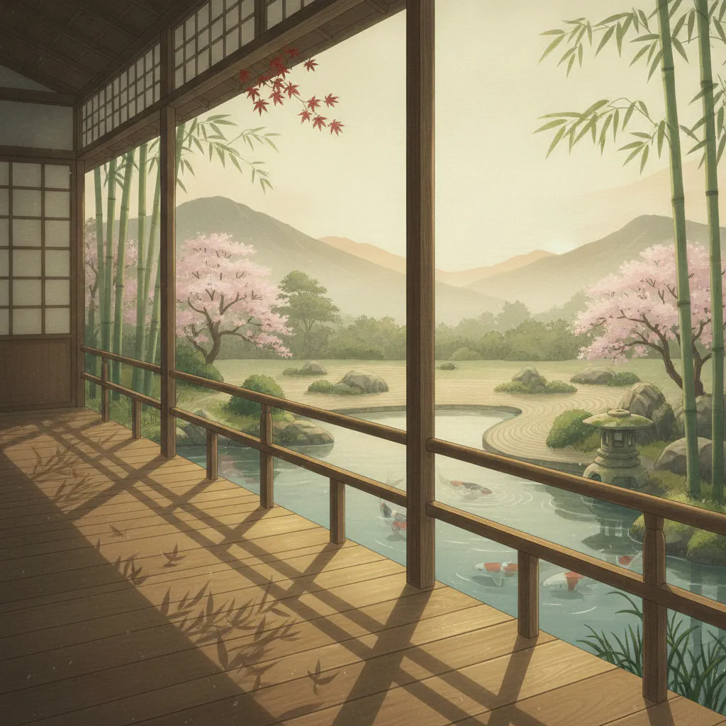 柔らかな朝の光が差し込む日本の縁側の情景。
