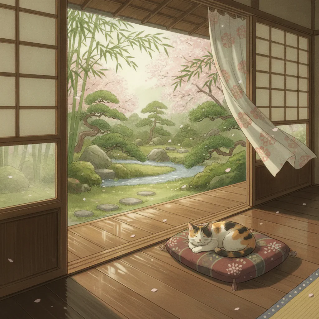 静かな日本の縁側、柔らかな光と穏やかな風、横たわる猫がいる情景。