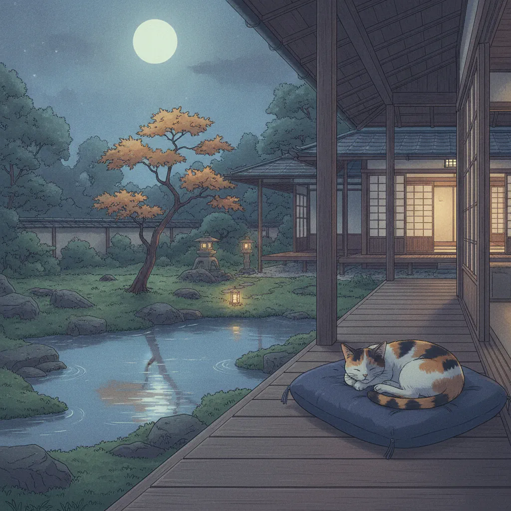 静かな縁側に満月の光が差し込む景色、眠る猫の姿が見える。