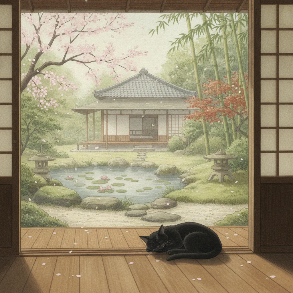 木製の縁側にそよぐ朝の光と猫の姿