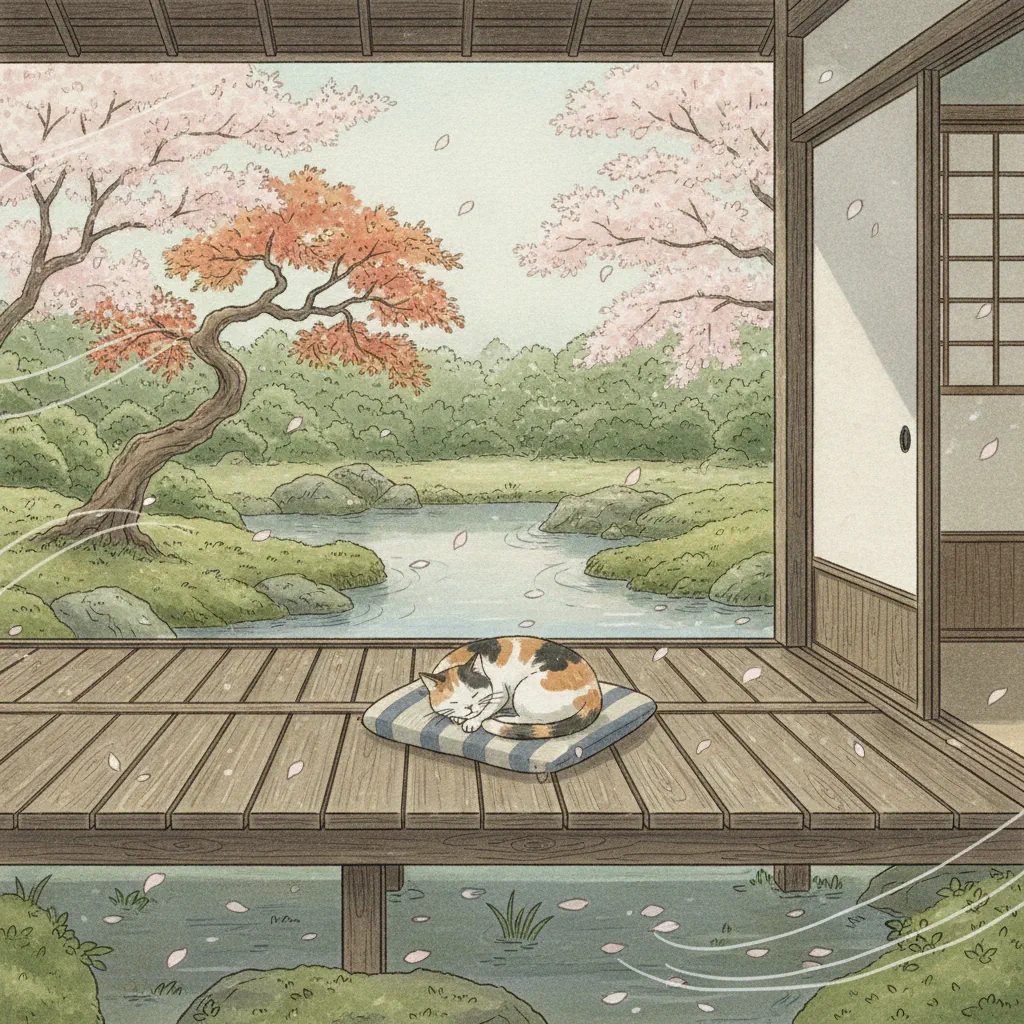 穏やかな縁側に横たわる猫とそよ風の気配