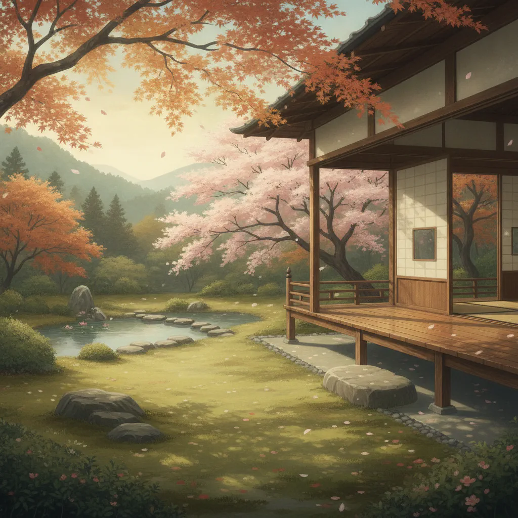 屋敷の縁側。静かな光が差し込み、しめりがほんのりと感じられる情景。