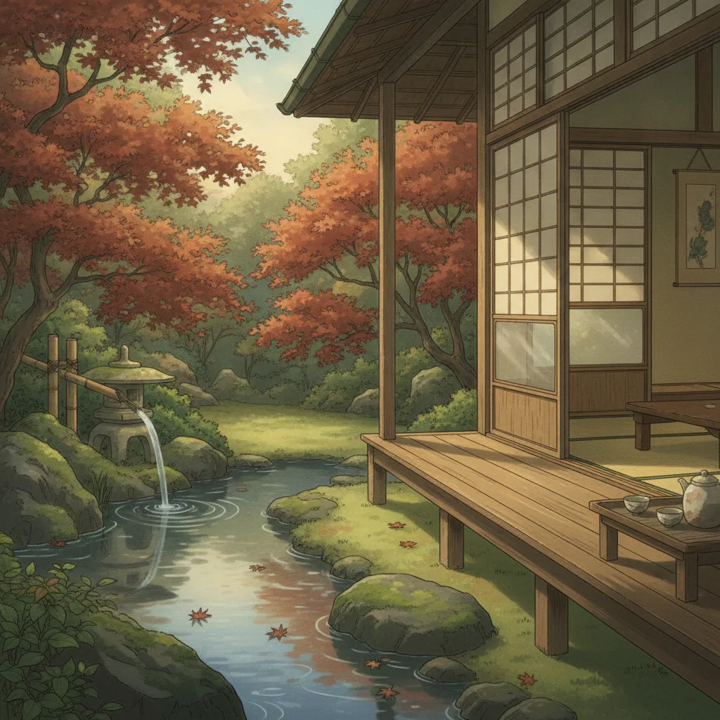 穏やかな光が差し込む日本の縁側、静けさに包まれた情景