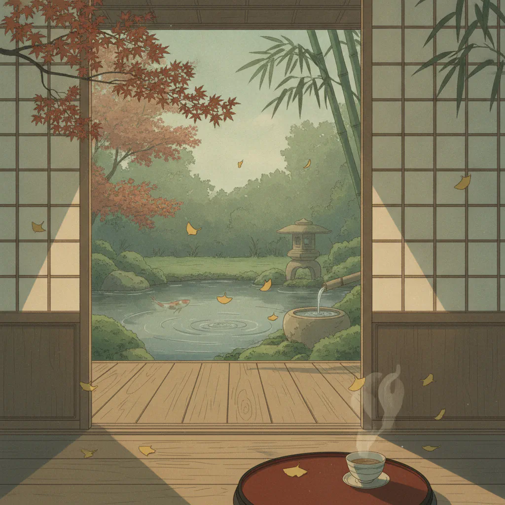 しめりを帯びた静かな縁側と優しい光の情景