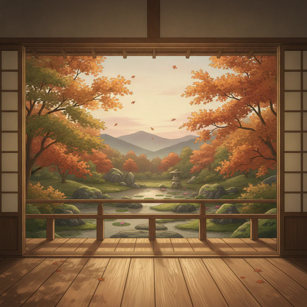 静かな縁側に初秋の光が差し込み、柔らかな風がラグを揺らす光景。
