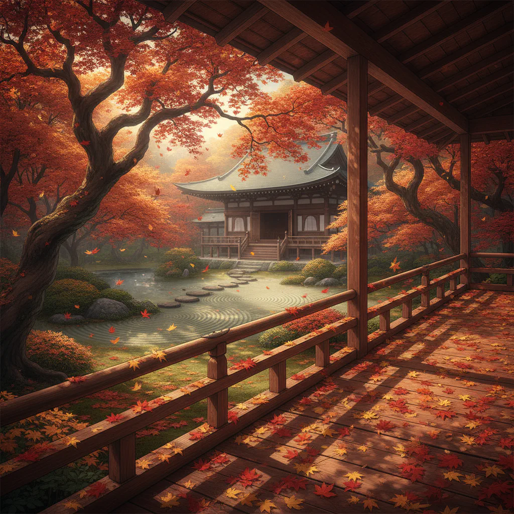 穏やかな縁側に差し込む秋の光と静かな風景