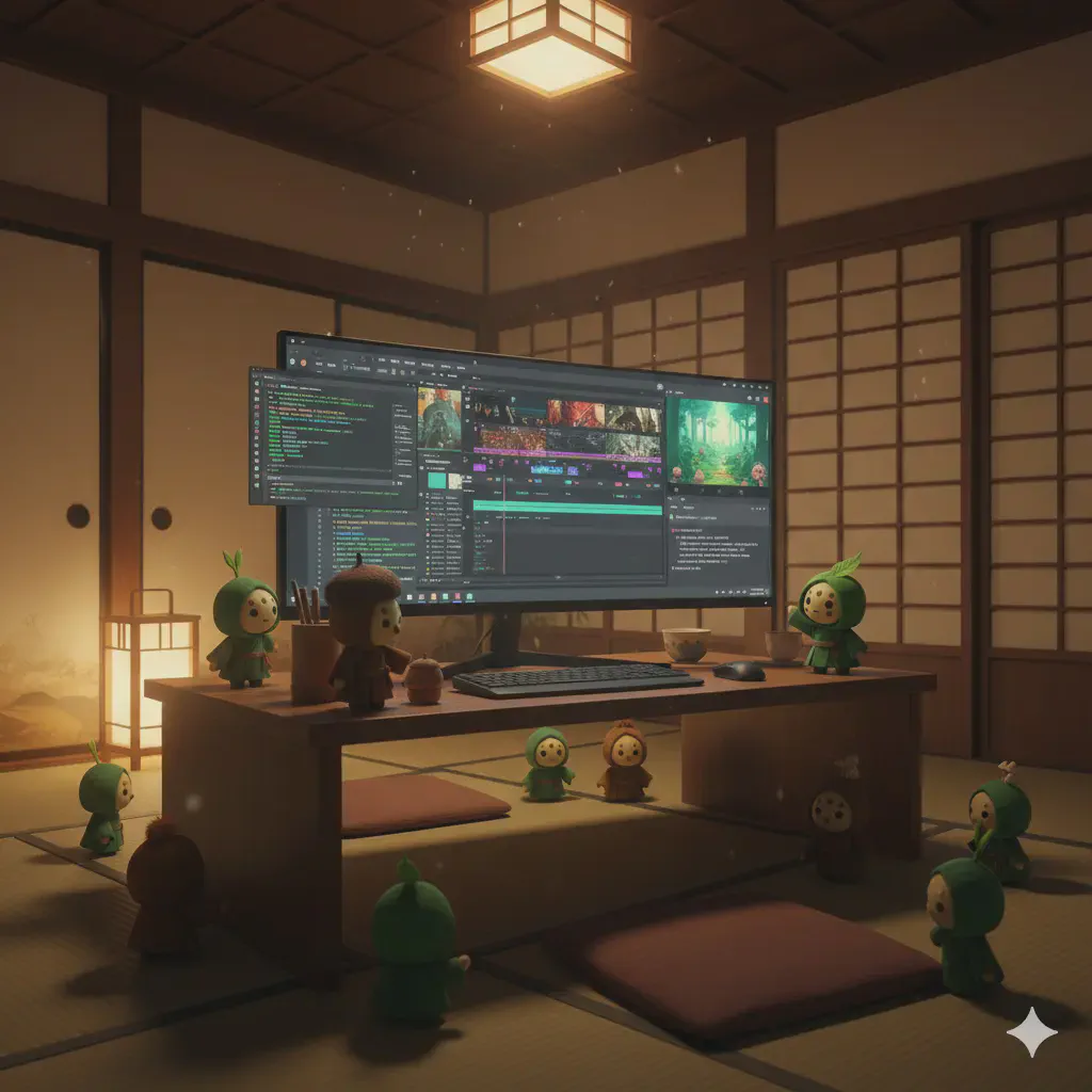 薄暗い部屋の中、複数のデジタルツールのウィンドウが静かに光る、遊び場のようなデスクトップ画面。