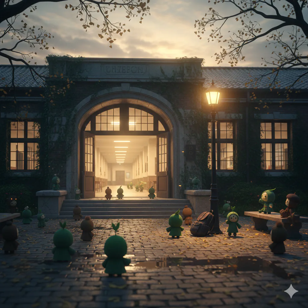 面接授業を終えた夕方の校舎。季節の区切りと時間の流れが重なって感じられる静かな情景。