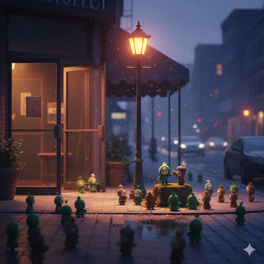 冬の夕方、静かな映画館の出口。外の街灯と、まだ続いている世界の気配が重なっている情景。