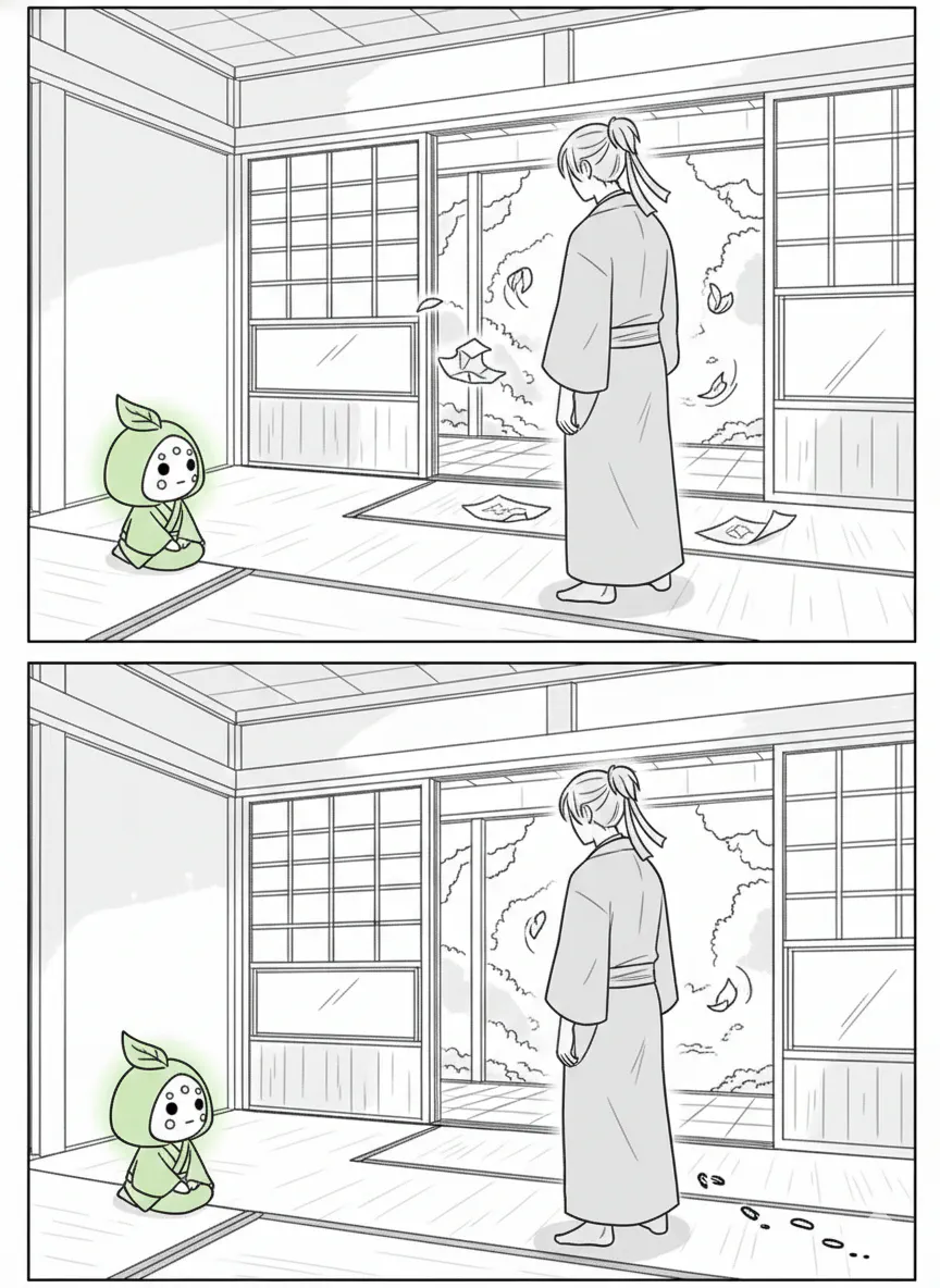 屋敷の廊下で、呼び戻されて振り返る弥七の背中