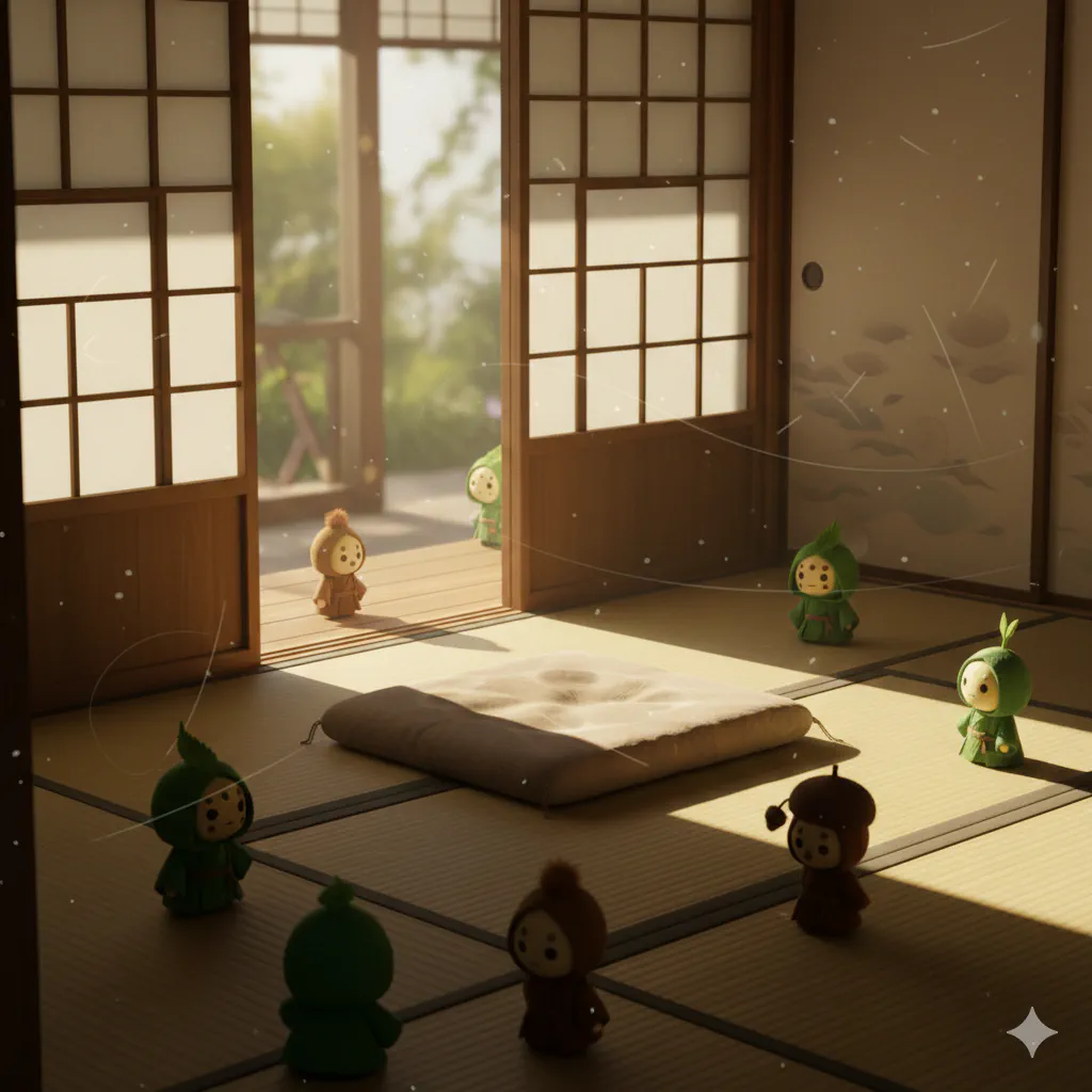 縁側に置かれた一つの座布団。誰かがさっきまで座っていた気配がある。