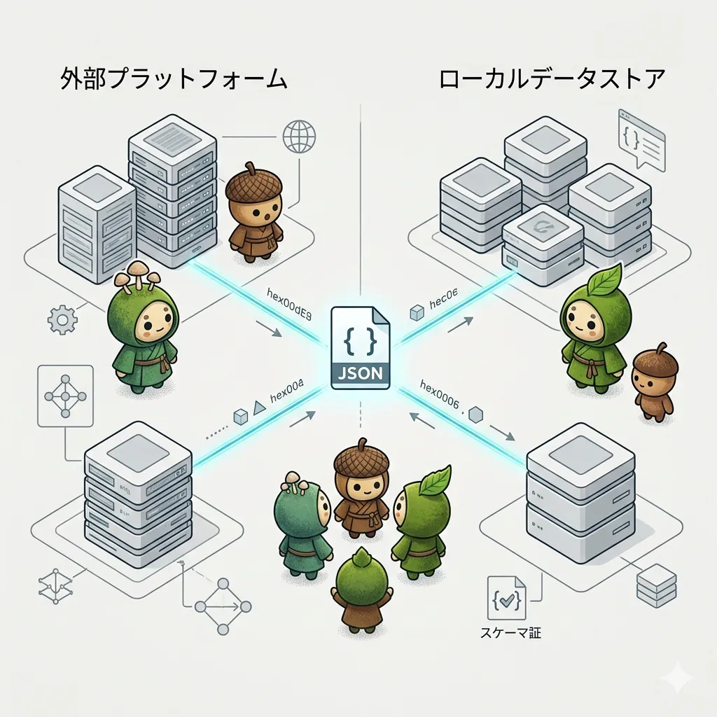 外部プラットフォームとローカルデータを接続する構造図風イメージ