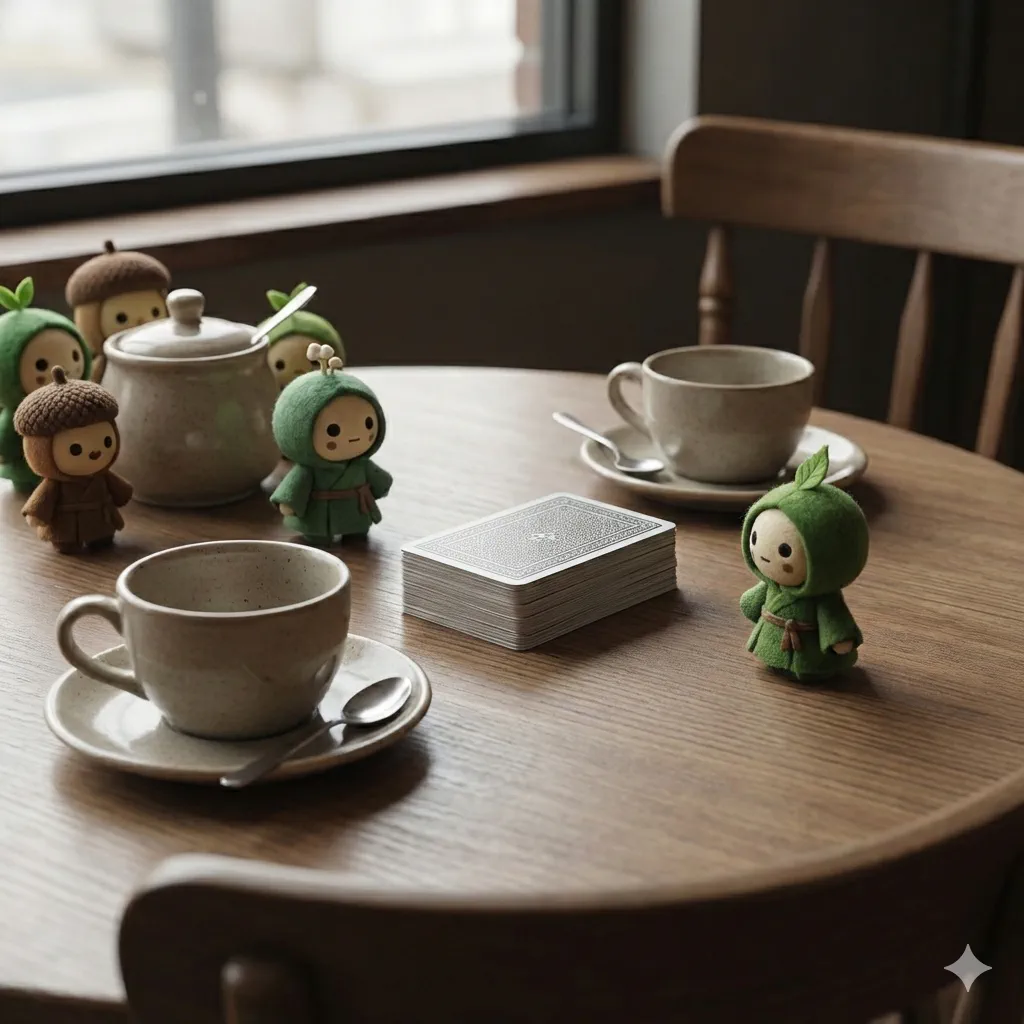 伏せられたカードと手つかずのカップが並ぶ静かなテーブル