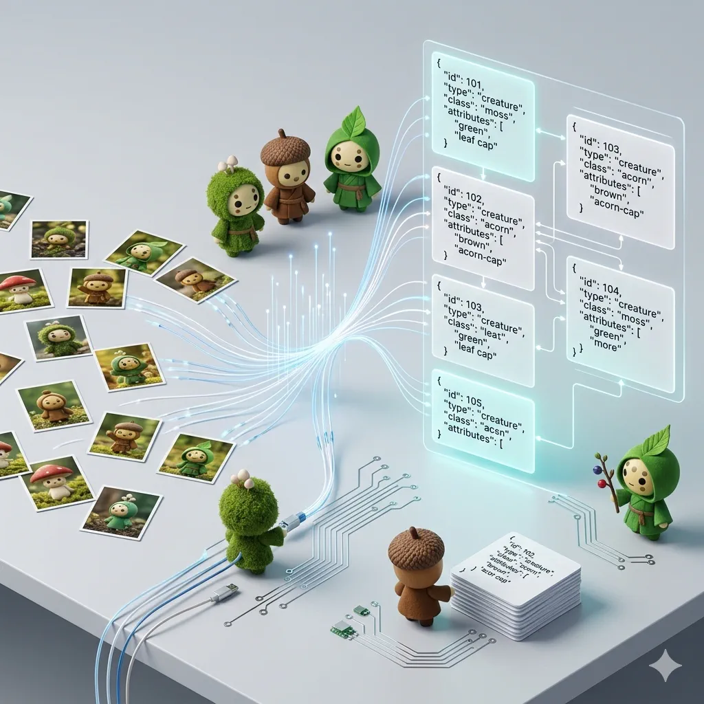 画像データがJSON構造へ整理される様子のイメージ