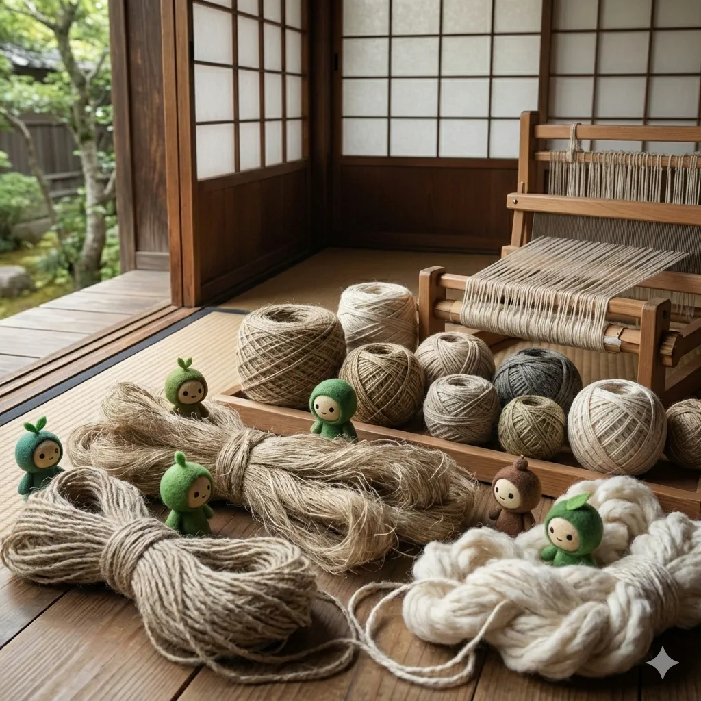 屋敷の縁側に広げられた繊維と織機