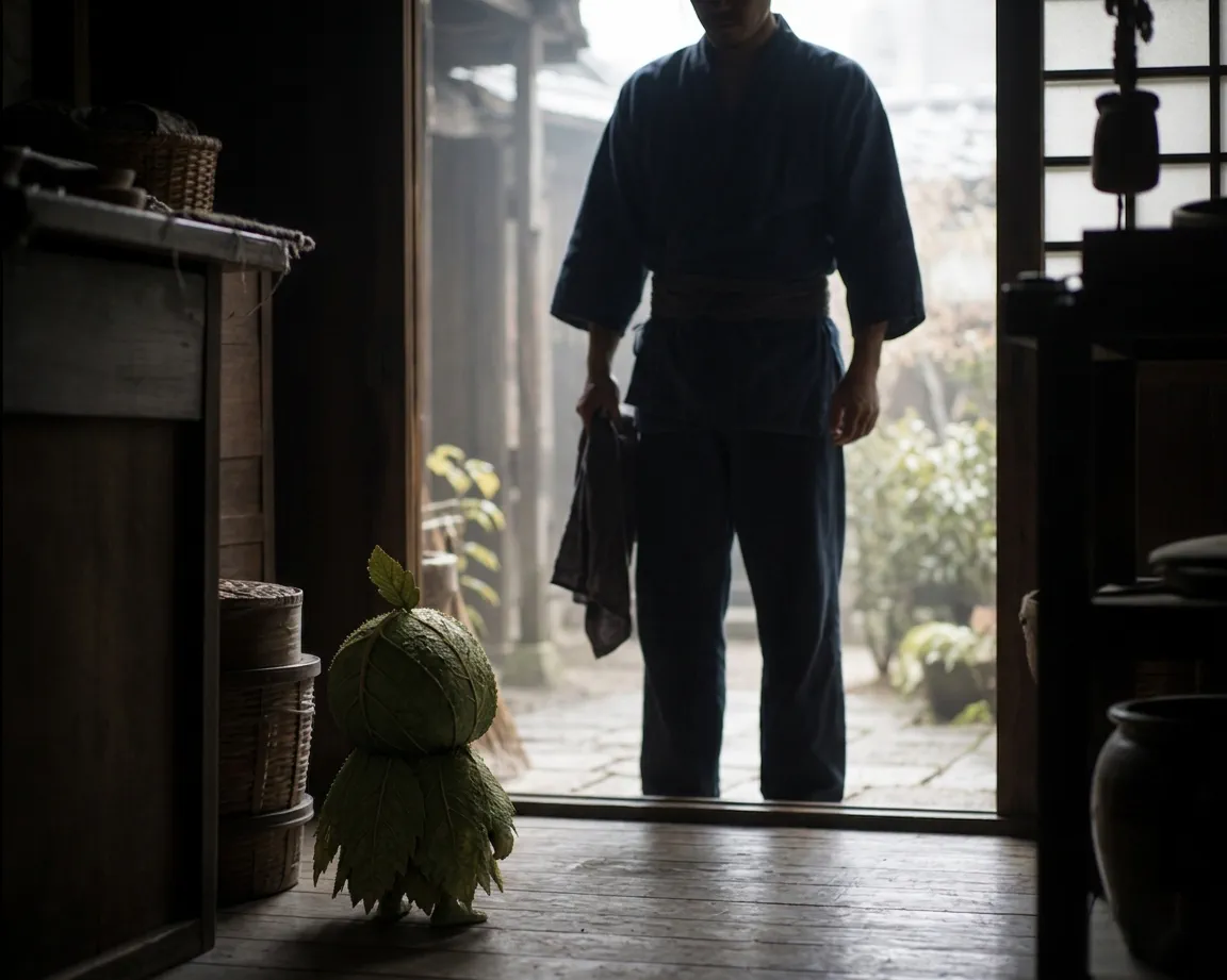 勝手口の朝の逆光の中、小さな視点から見上げた弥七の姿。