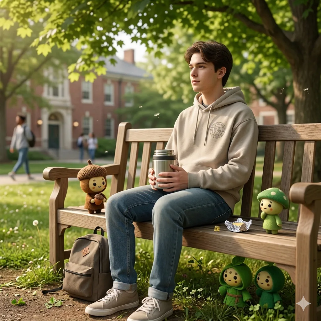 晴れた大学キャンパスのベンチで、ひとり昼食をとる人物の情景
